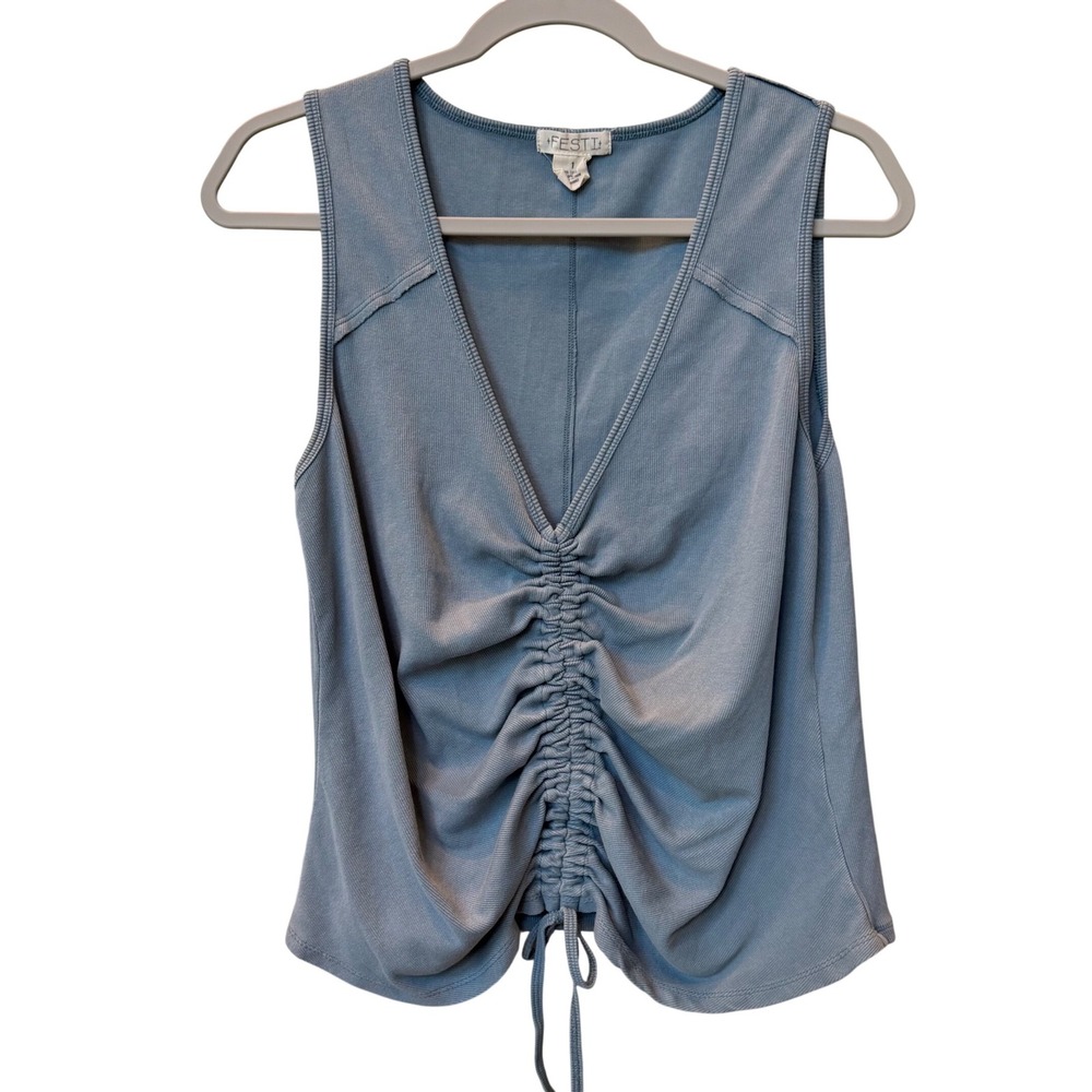 FESTI Torrid Womens Blue Ribbed Ruched Front Drawstring V-Neck Tank Top Size 1